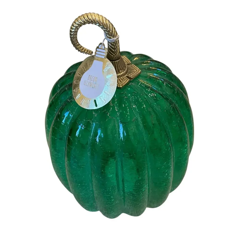 Illuminated LED Green Glass Pumpkin Gold Metal Stem 12.5